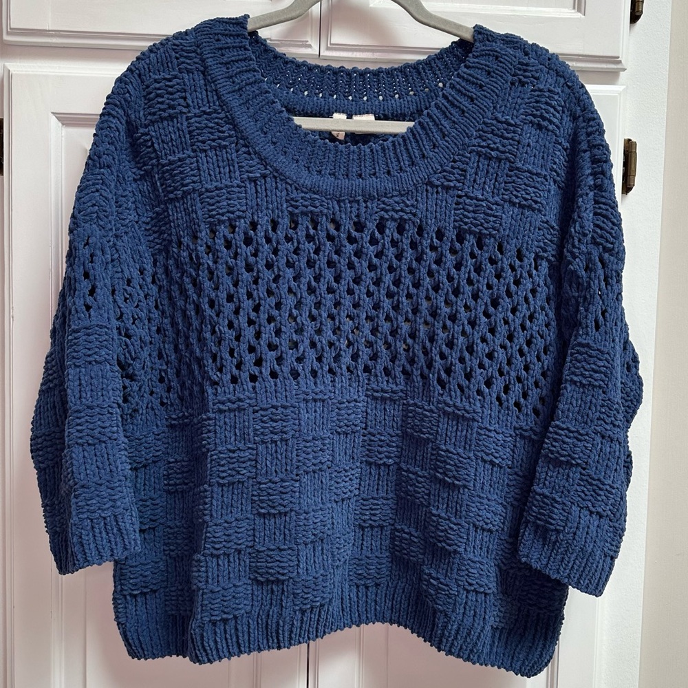 Anthropologie Moth Chunky Open Knit Boxy Chenille Sweater Blue Size Small